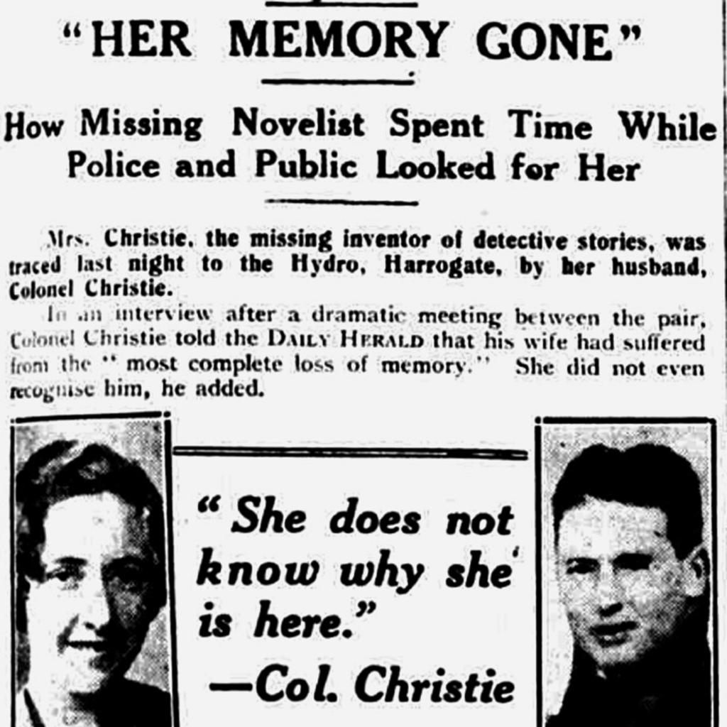 Agatha Christie Reports No Memory of Disappearance 