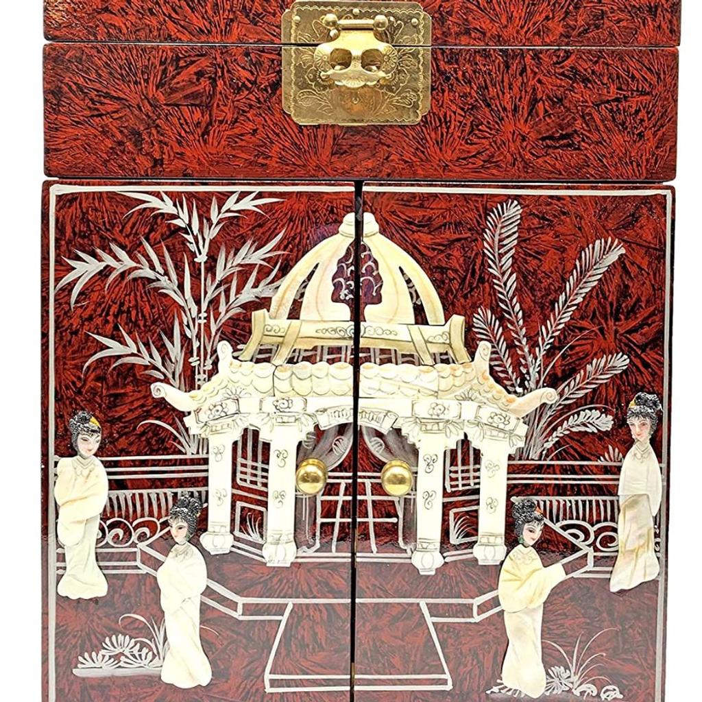 Mother of Pearl French Red Oriental Jewelry Box