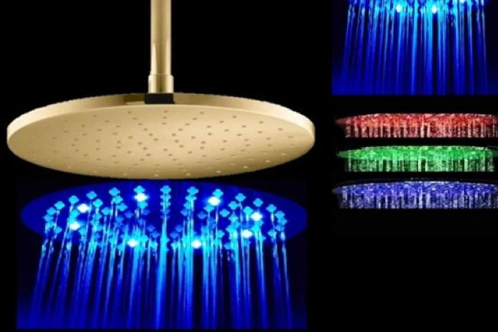Juno Stainless Steel Gold Tone Round LED Shower Head