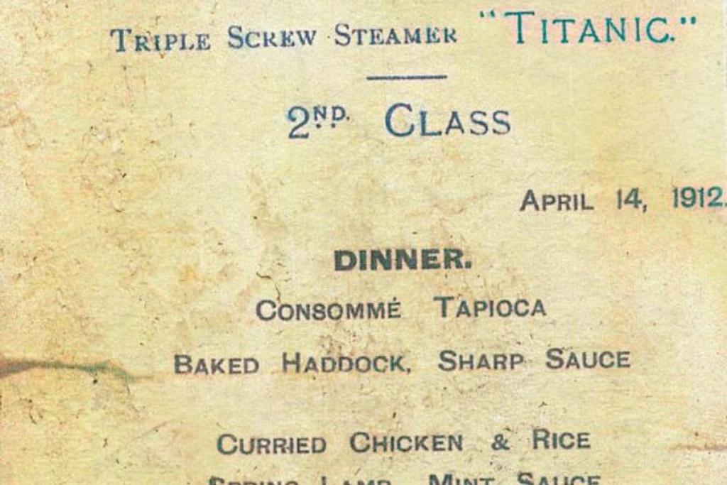 Titanic Second Class Dinner Menu